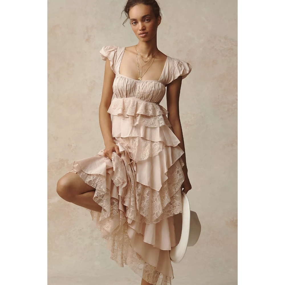 NWOT By Anthropologie Fairy Romance Assymetrical Layer Tiered Lace Midi Dress